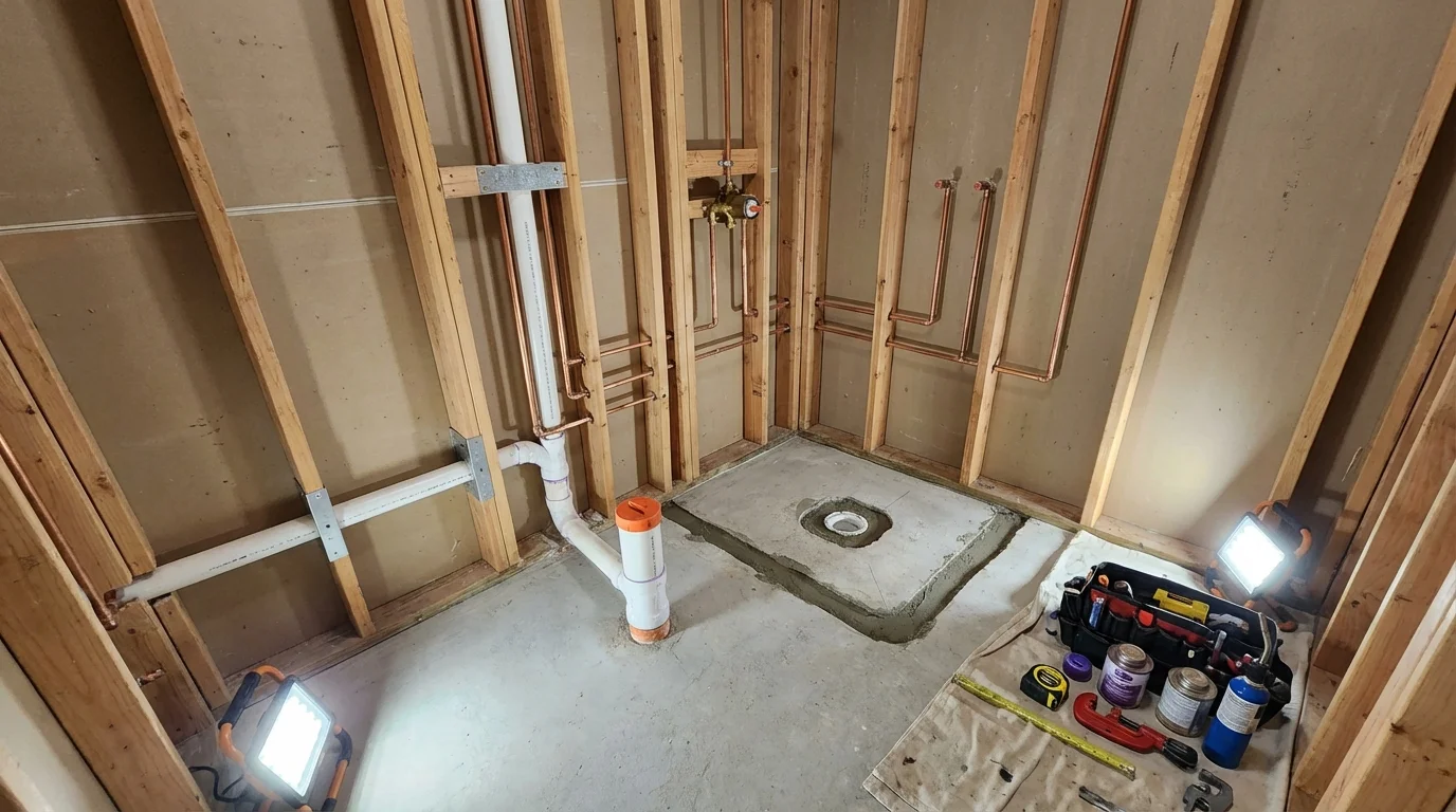 Bathroom rough-in plumbing during remodel by Johns Plumbing LLC in Valatie